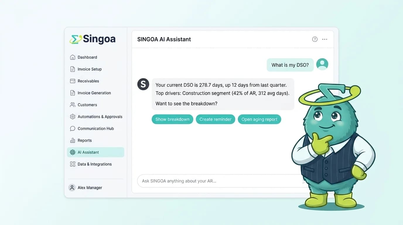 SINGOA Assist answering 'What is my DSO?' with 278.7 days vs HighRadius dashboard drill-down