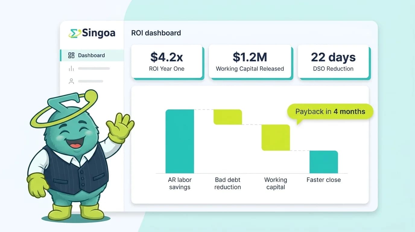 AR automation ROI dashboard showing 4.2x ROI year one and $1.2M working capital released