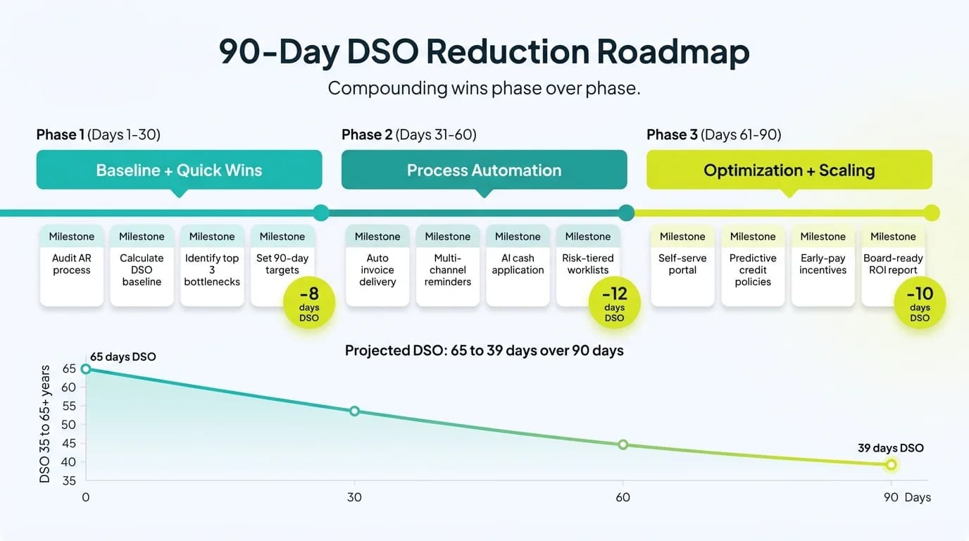 90-day DSO reduction roadmap with three phases and projected DSO trajectory from 65 to 39 days