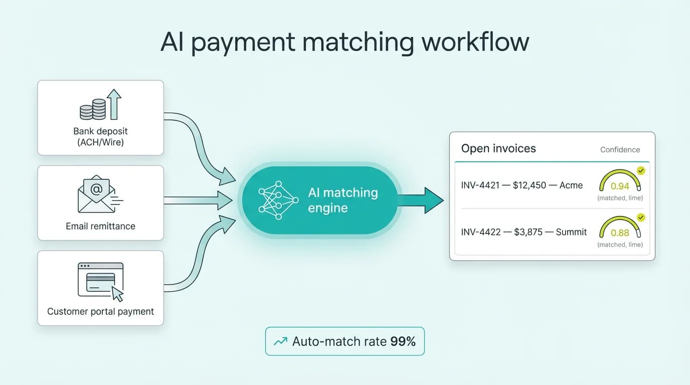 AI payment matching workflow showing automatic reconciliation of bank deposits to open invoices