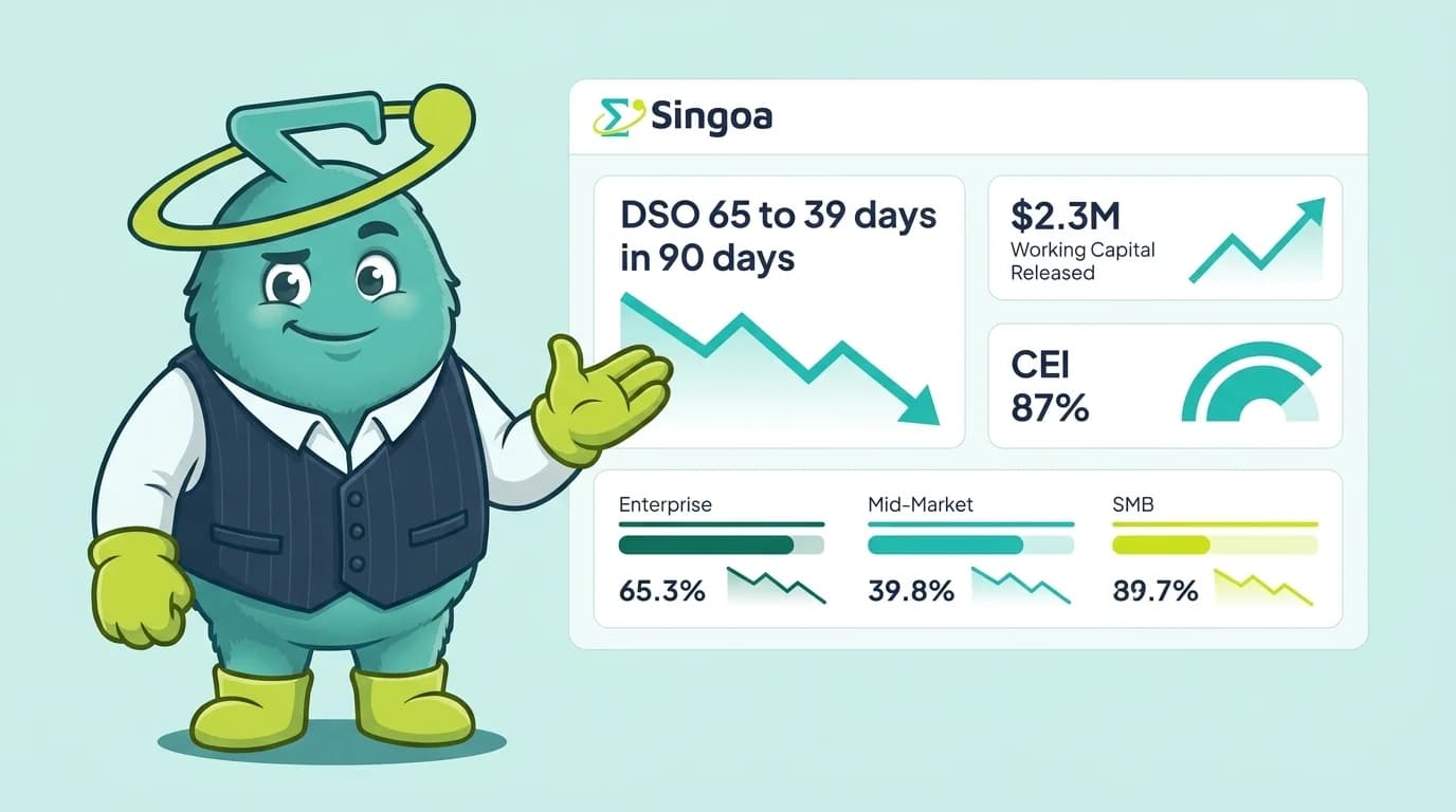 DSO dashboard: 65 days down to 39 in 90 days, $2.3M working capital released, CEI 87%