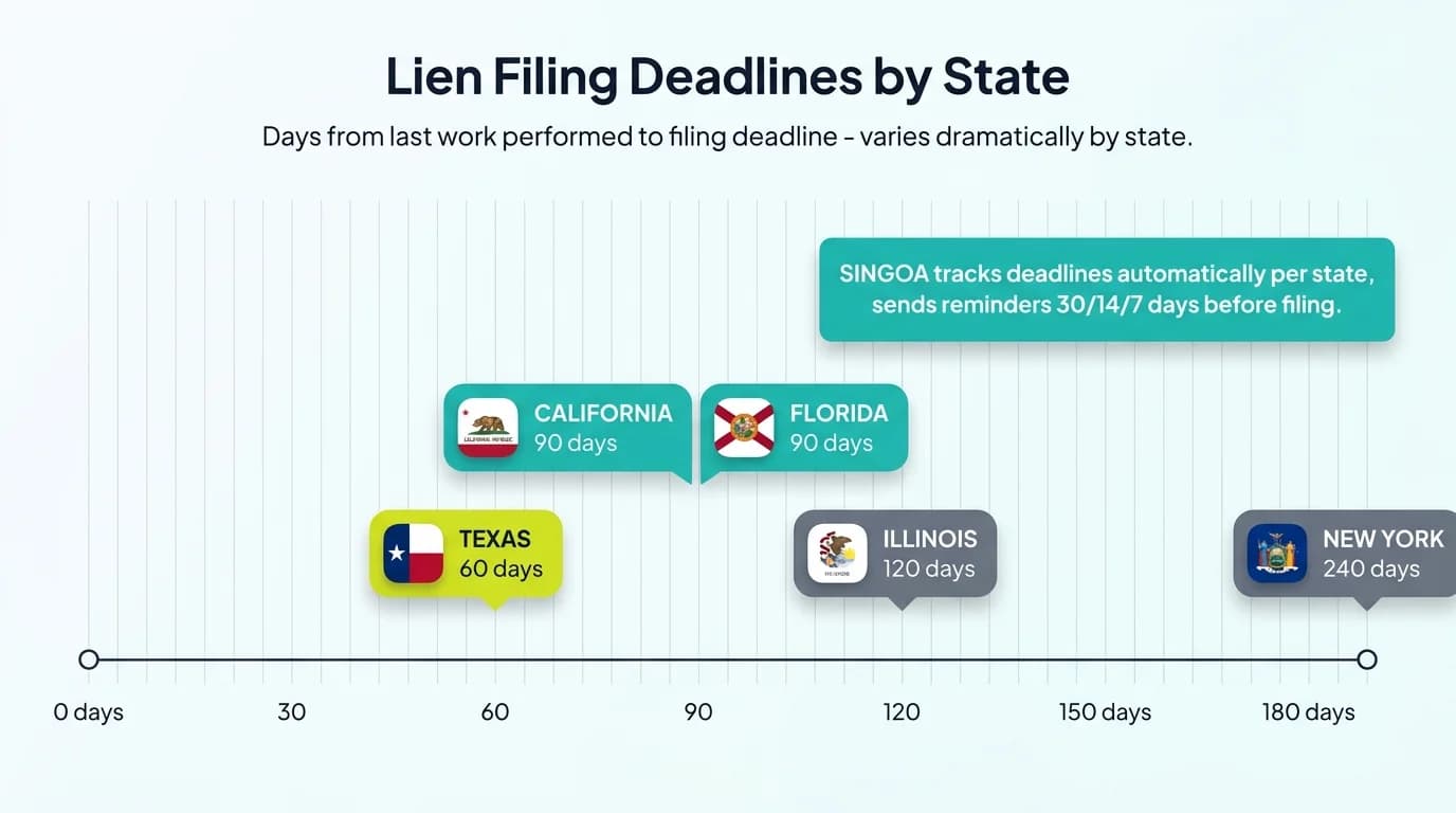 State-by-state lien filing deadline timeline showing 60-180 day windows by jurisdiction
