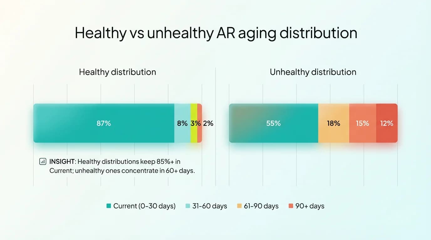 Stacked bar chart comparing healthy versus unhealthy AR aging distributions across current, 31-60, 61-90, and 90+ day buckets