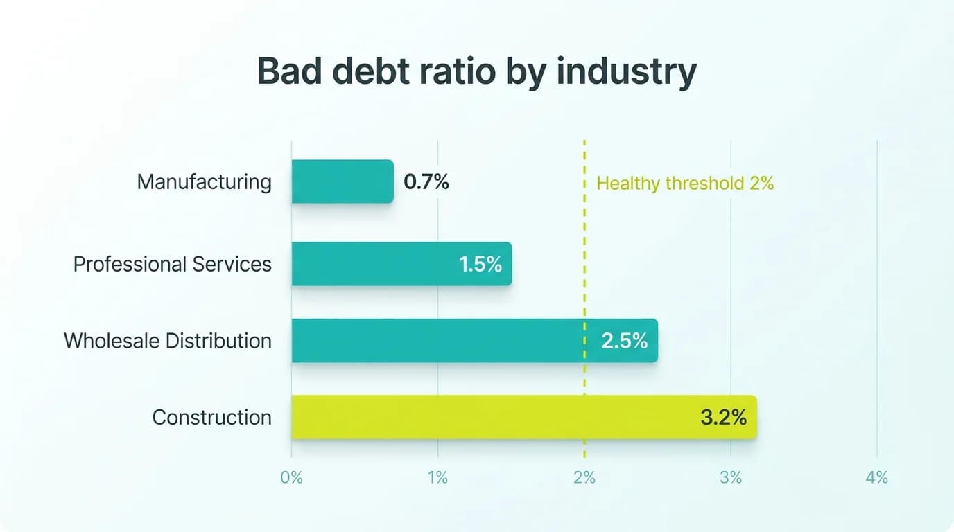 Bar chart comparing bad debt ratios across manufacturing, wholesale, professional services, and construction industries
