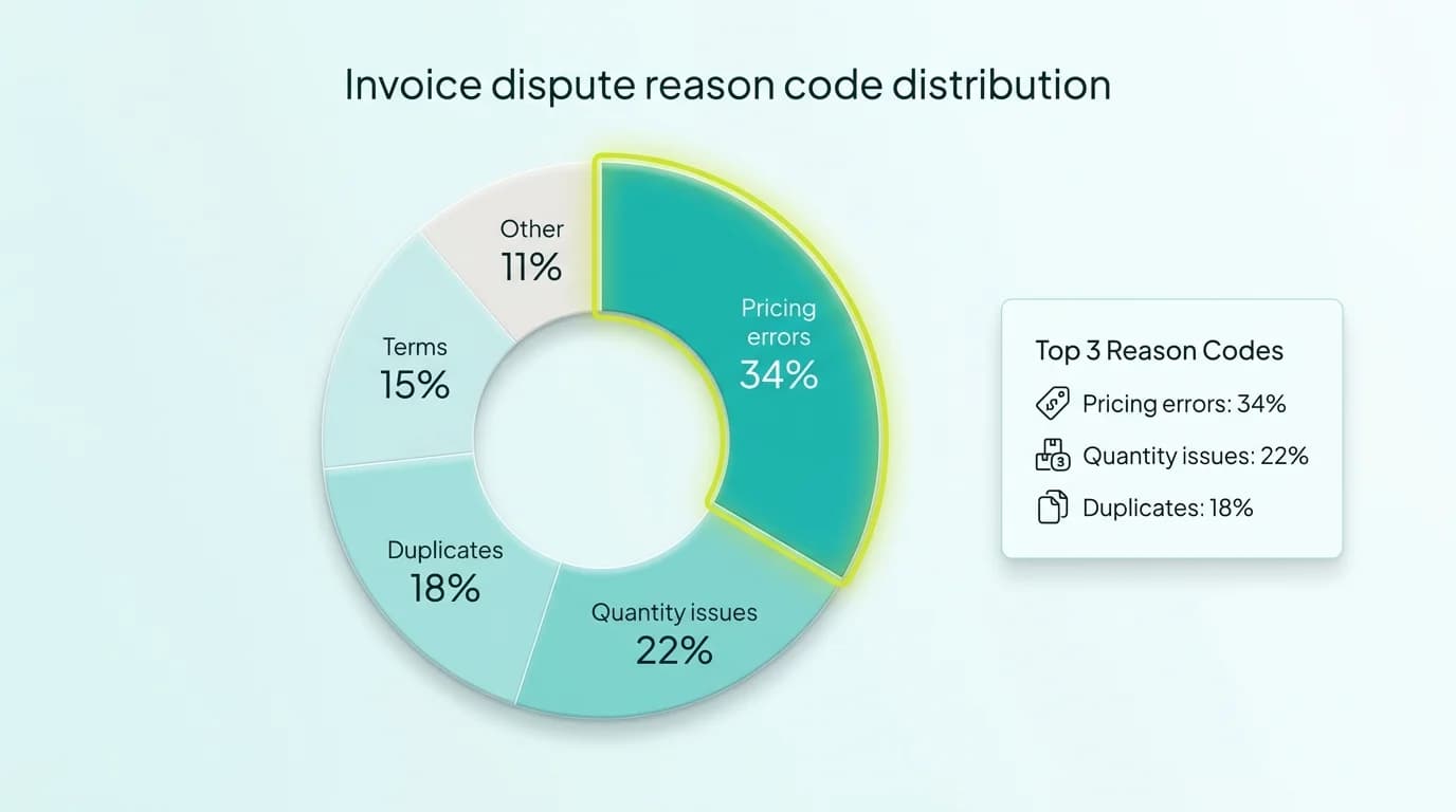 Pie chart showing invoice dispute reasons: pricing errors 34%, quantity issues 22%, duplicates 18%, terms 15%, other 11%