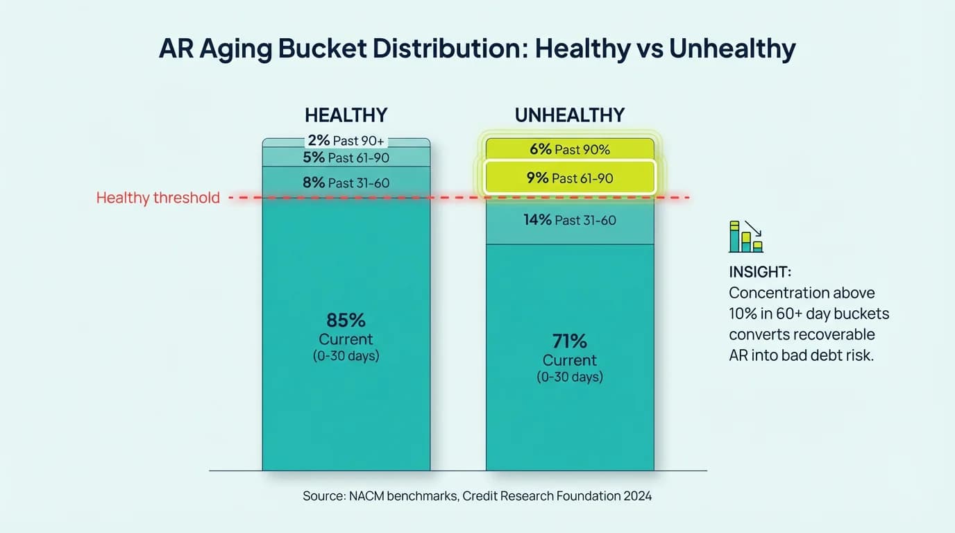 Stacked bar chart comparing healthy 85% current AR against an unhealthy 71% current with 15% in 60-plus day buckets