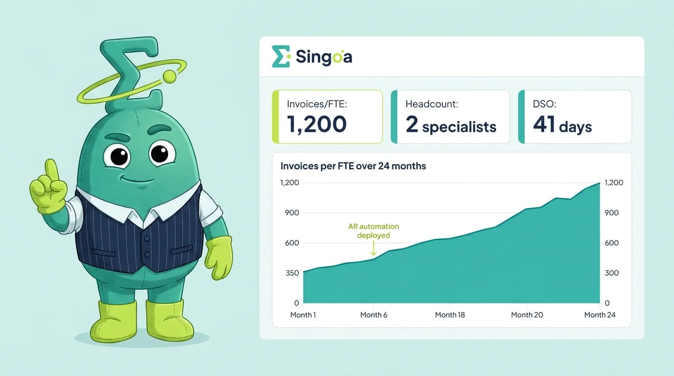 Singo mascot at AR command center with chart showing invoices per FTE rising from 350 to 1200 with automation