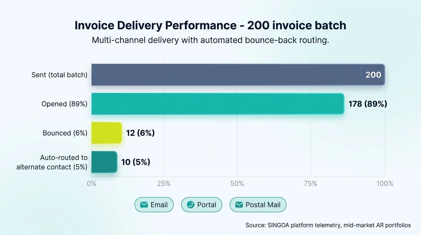 Invoice delivery dashboard: 200 invoices tracked with opens, bounces, and alternate-contact re-routing