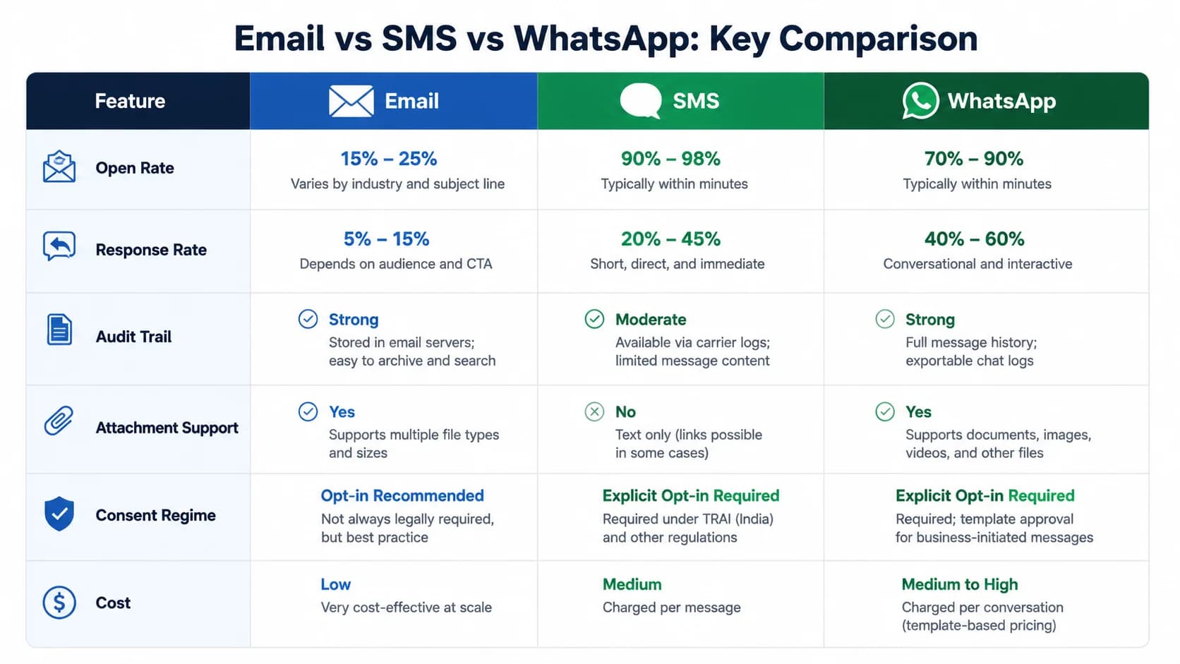 Three-column matrix comparing email, SMS, and WhatsApp on open rate, response rate, audit trail, attachment support, consent regime, and cost
