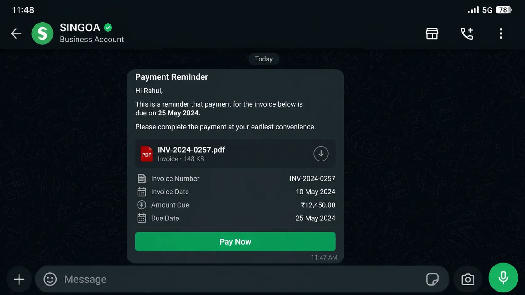 Screenshot of a SINGOA WhatsApp Business utility template payment reminder with embedded invoice PDF and pay-now button, viewed on a phone