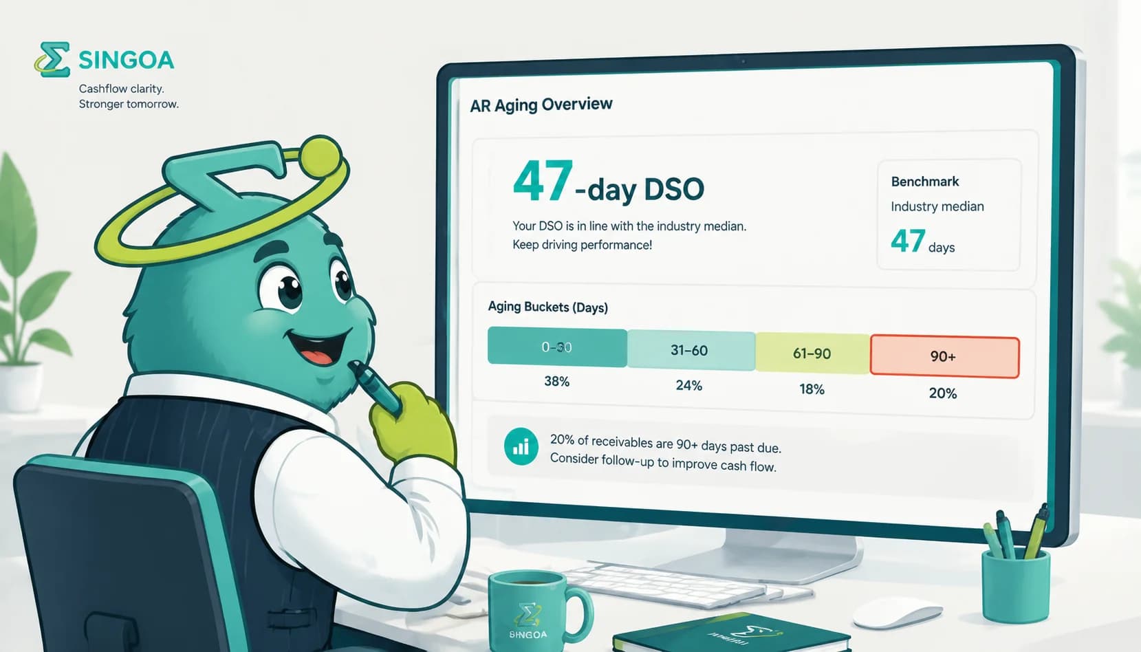 Singo at a finance desk reviewing a SINGOA dashboard with the DSO formula and a 47-day result highlighted