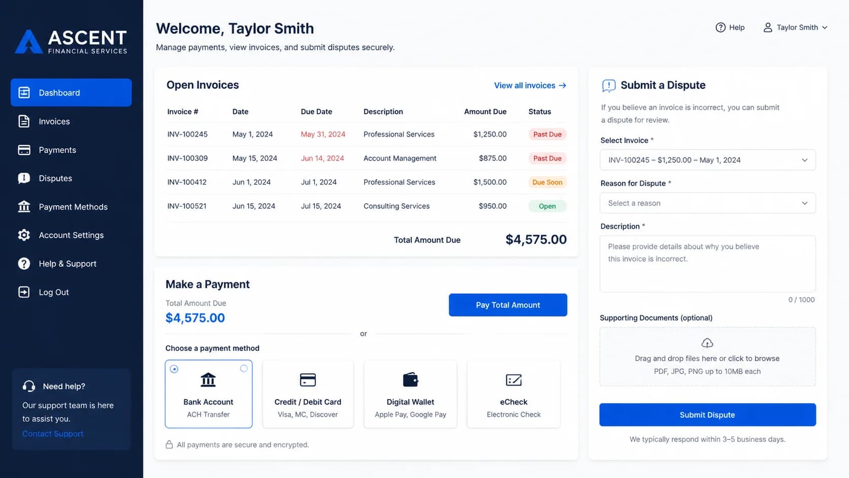 Screenshot of a branded customer payment portal showing open invoices, payment options, and a dispute submission form