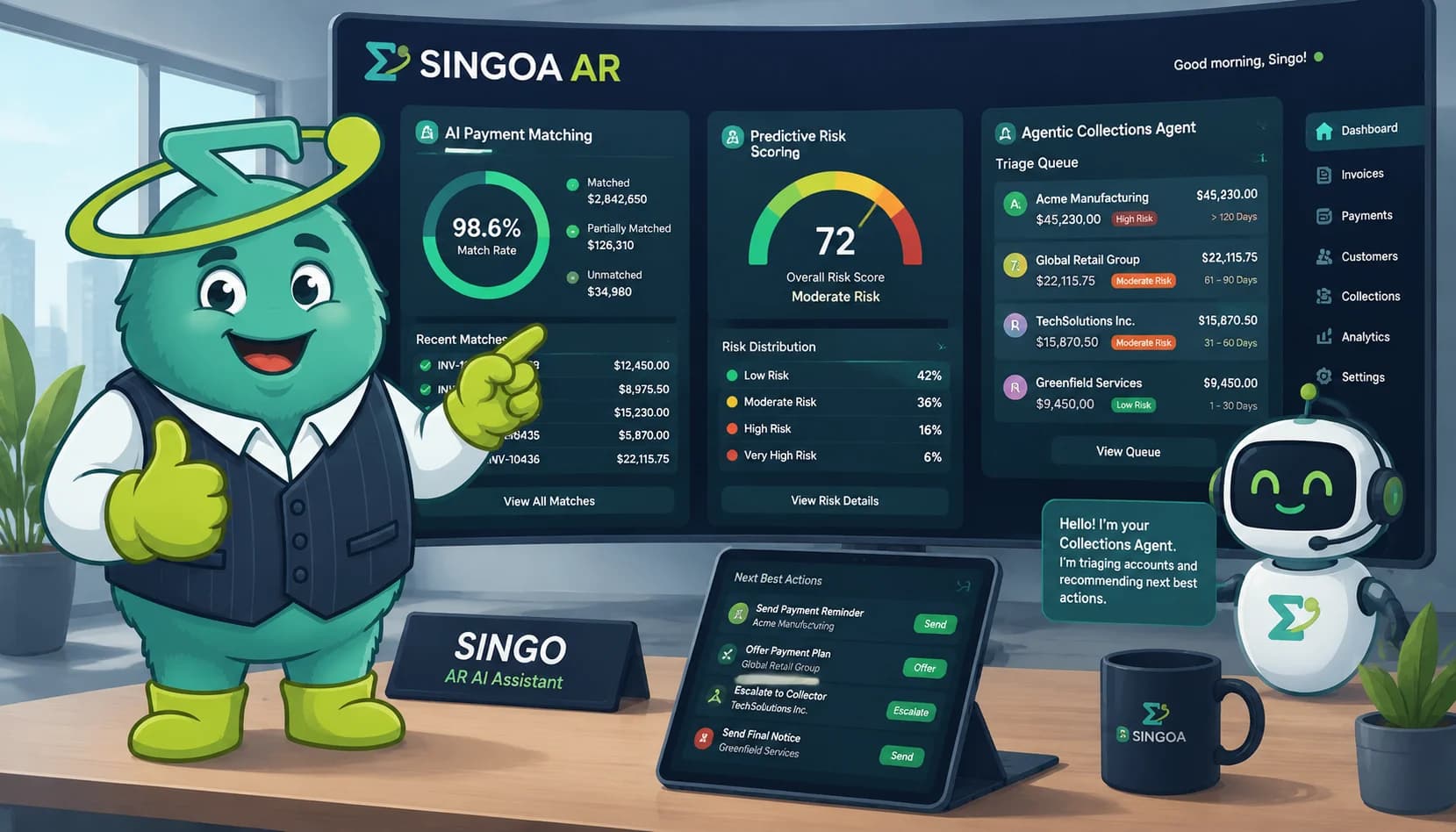 Singo at a SINGOA AR workspace showing AI payment matching, predictive risk scoring, and an agentic collections agent triaging accounts