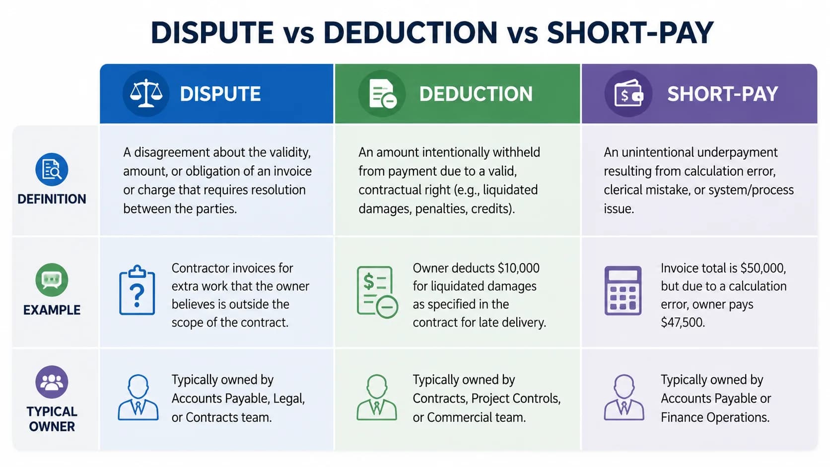 Three-column comparison diagram of dispute, deduction, and short-pay with definition, example, and typical owner