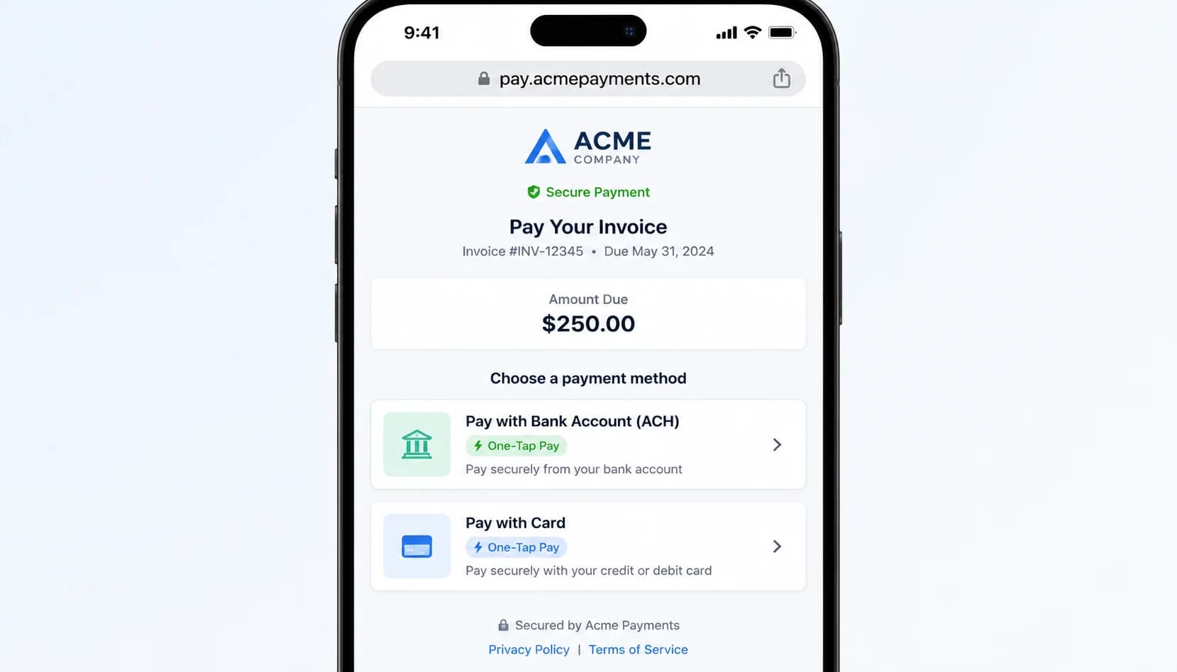 Screenshot of a mobile payment portal interface showing a no-login pay link landing on a one-tap ACH and card payment screen