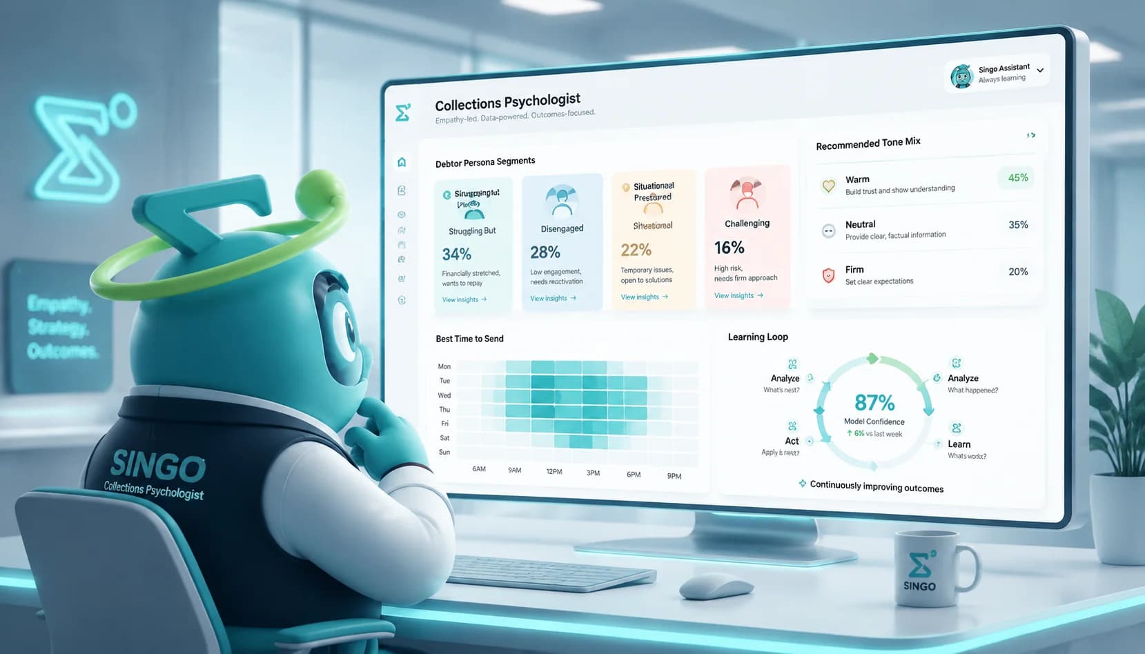 Singo at a workstation reviewing a Collections Psychologist dashboard with debtor personas, tone tags, and send-time scoring