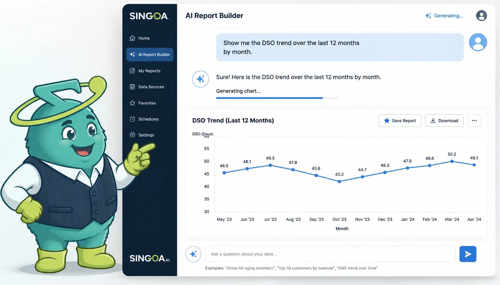 Singo standing beside a SINGOA AI Report Builder dashboard generating a DSO trend chart from a natural-language question