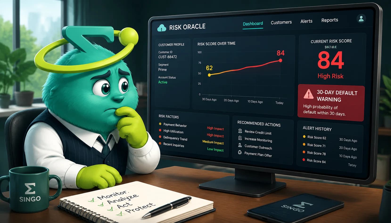 Singo studying a Risk Oracle dashboard that shows a customer's risk score climbing from 62 to 84 with a 30-day default warning
