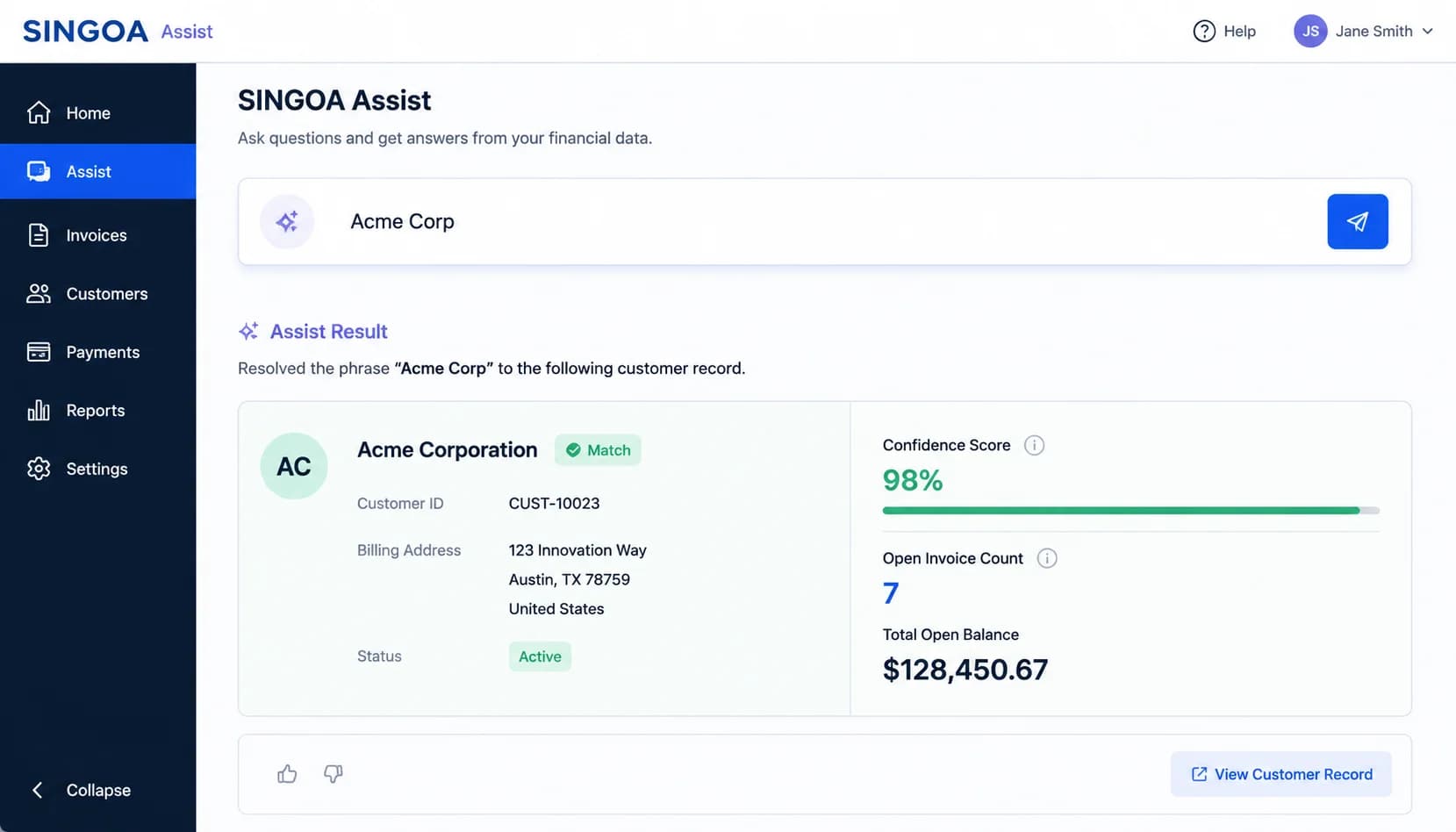 Screenshot of SINGOA Assist resolving the phrase Acme Corp to the matching customer record with confidence score and open invoice count