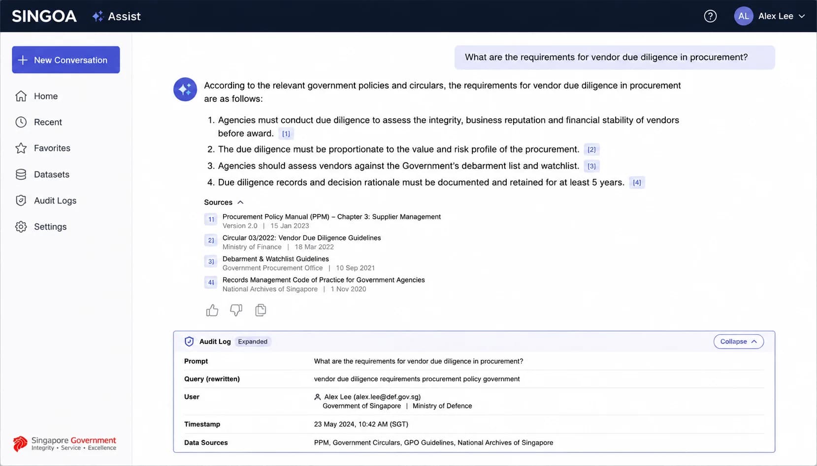 Screenshot of a SINGOA Assist answer with inline source citations and an expandable audit-log panel showing prompt, query, and user identity