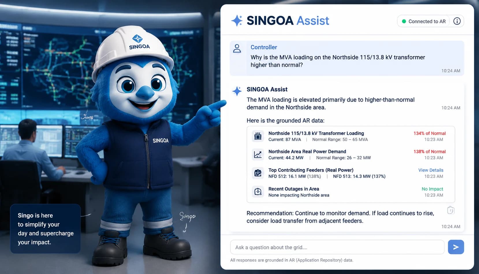 Singo beside a SINGOA Assist chat panel answering a Controller plain-English DSO question with grounded AR data
