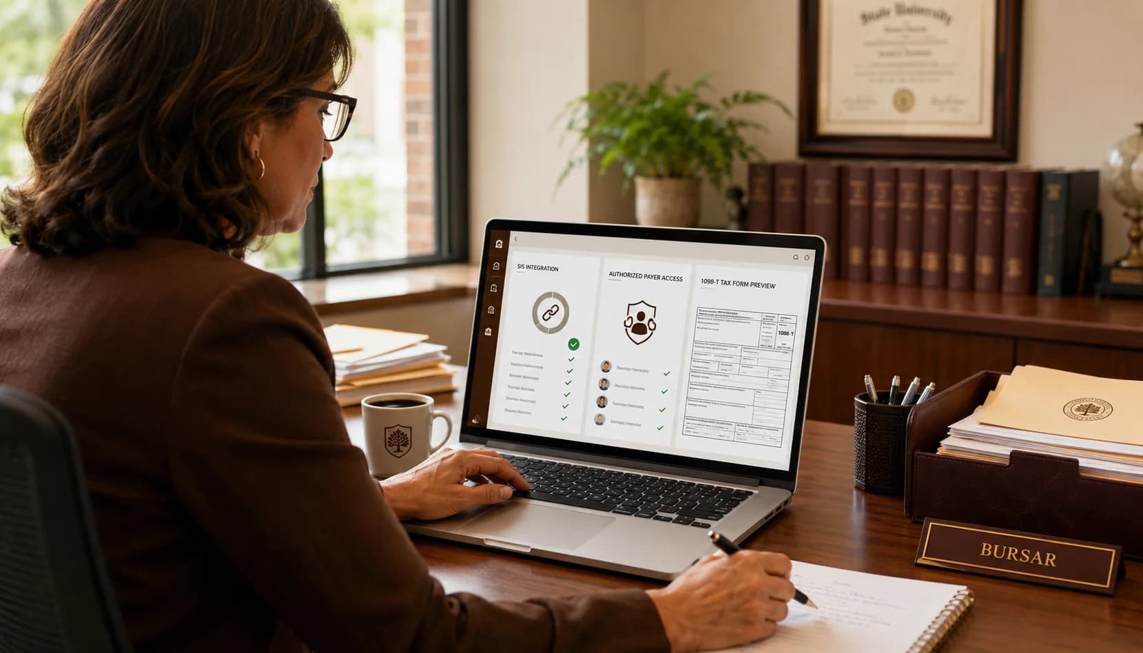 Singo as a university bursar with a tuition billing dashboard showing SIS sync, FERPA authorized users, and 1098-T filing status