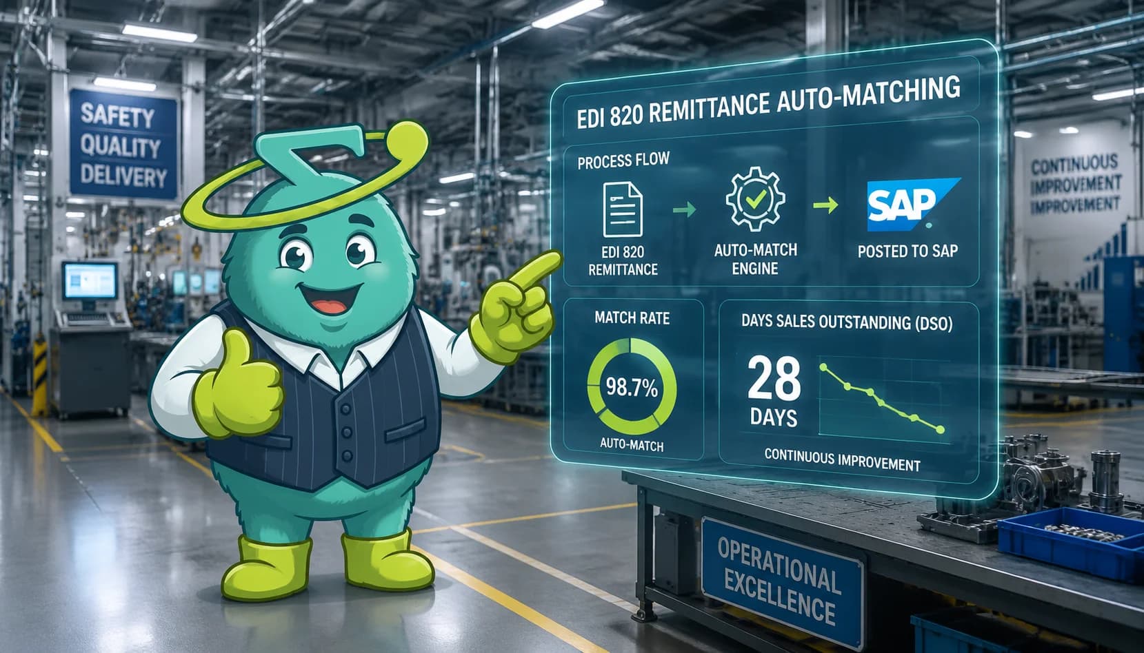 Singo on a manufacturing plant floor with an AR dashboard showing EDI 820 remittance auto-matching to SAP and 28-day DSO