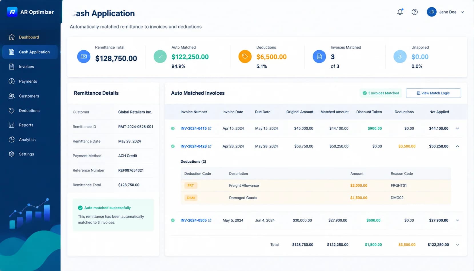 Screenshot of the SINGOA cash application dashboard auto-matching an EDI 820 remittance from Walmart against three EDI 810 invoices with two short-pay deductions