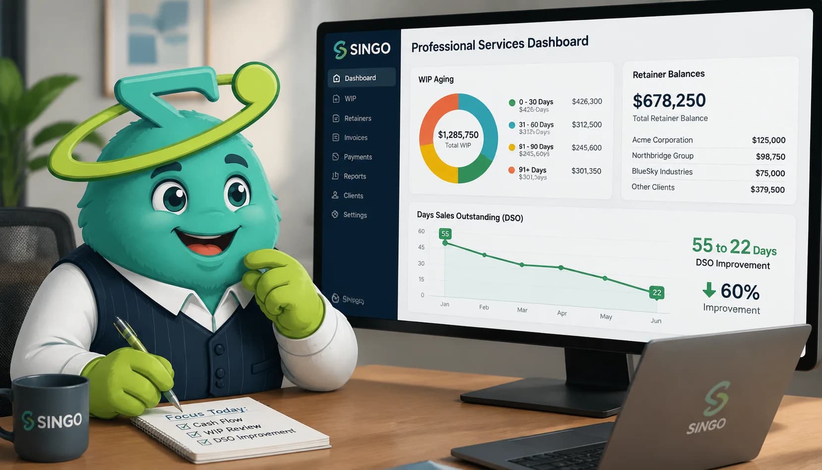 Singo reviewing a professional services billing dashboard showing WIP aging, retainer balances, and a 55-to-22 day DSO chart