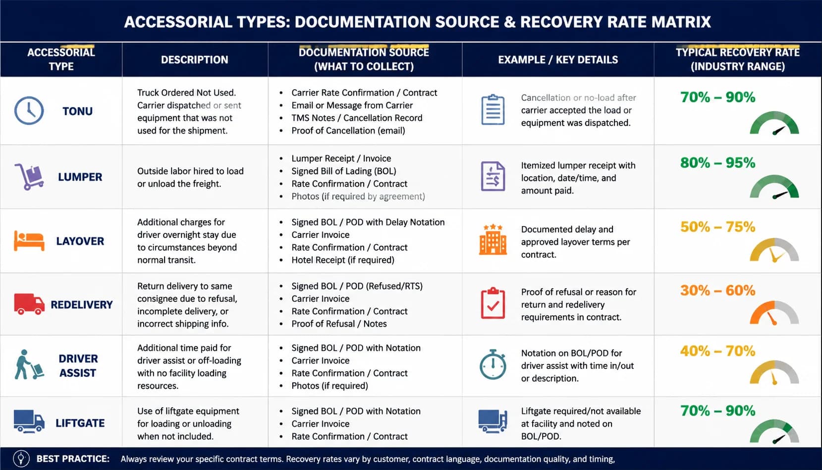 Matrix comparing accessorial types (TONU, lumper, layover, redelivery, driver assist, liftgate) with documentation source and recovery rate